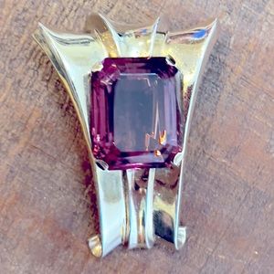 Trifari Antique Sterling Silver Fur Pin with Faux Amethyst